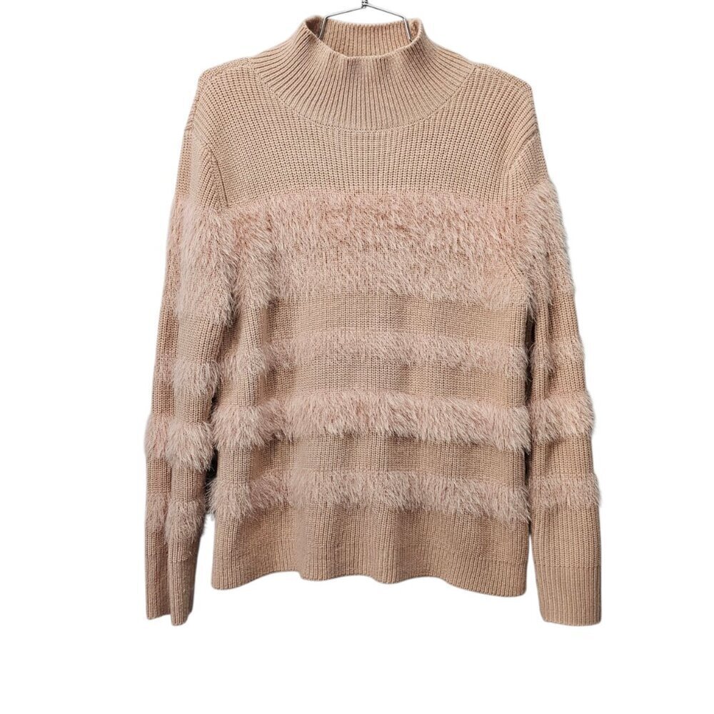 Calvin Klein Women's Eyelash Puff Knit Long Sleeve Mock Neck Beige Pink Sweater - Picture 2 of 8